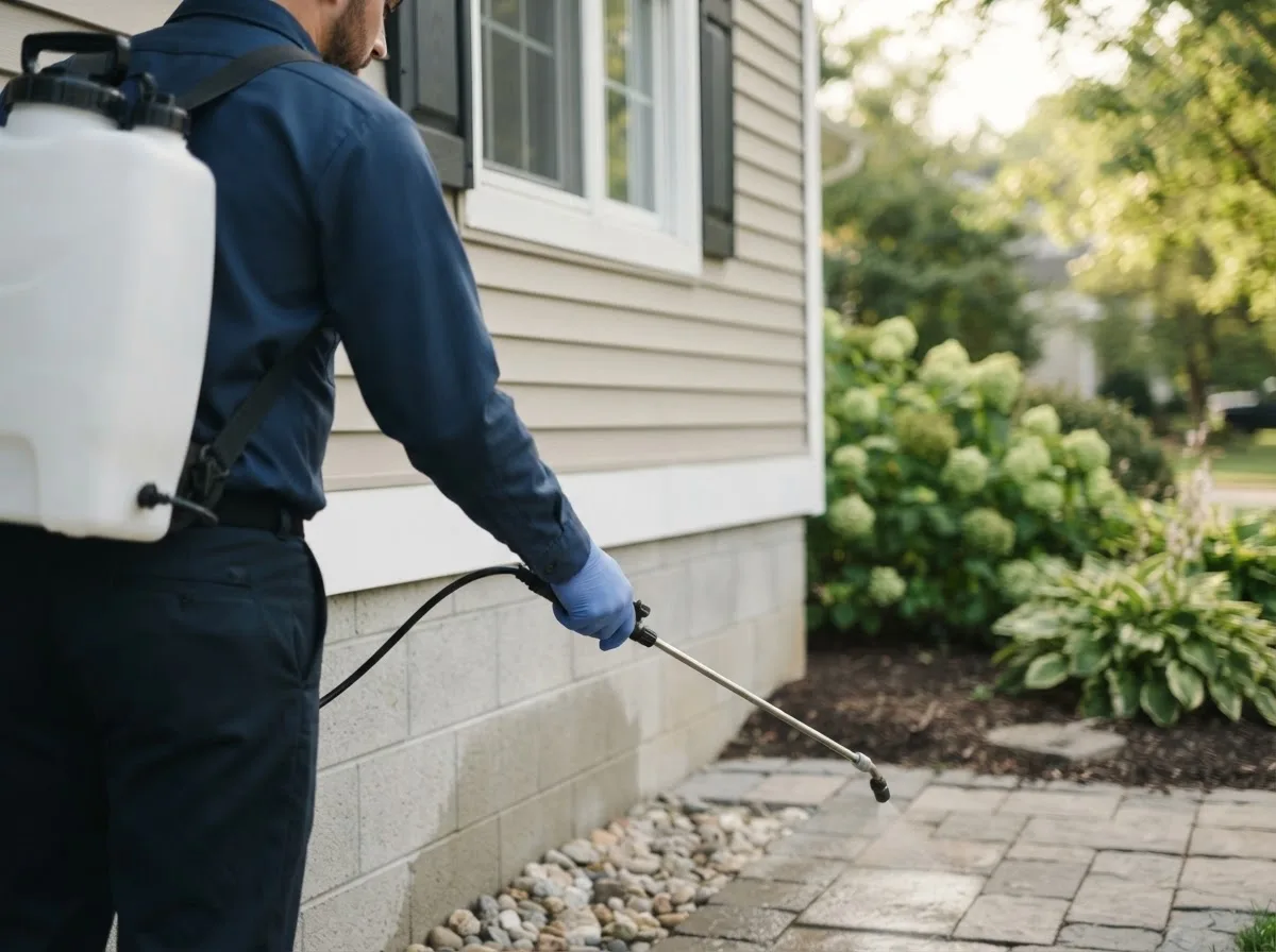 Pest control technician inspecting a home in Redmon, IL